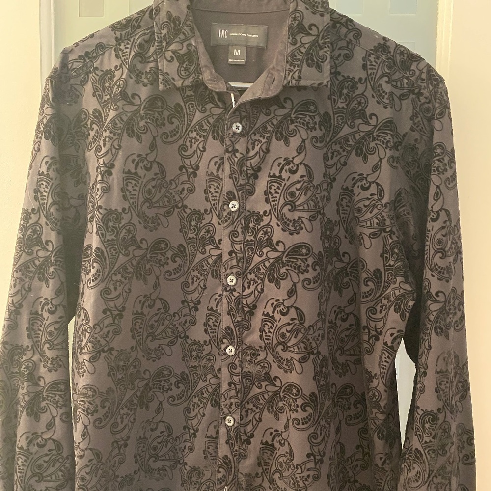 Inc black mens dress shirt with velvet design